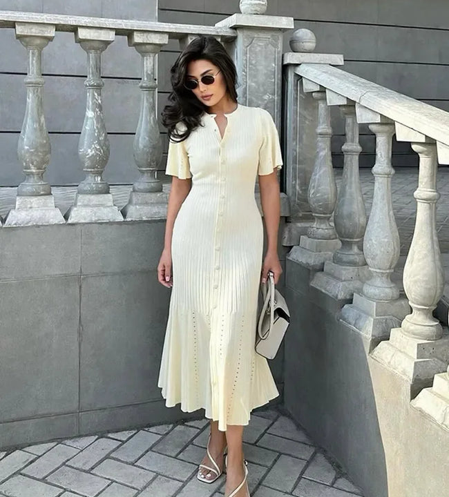 Solid Hollow Out Knitted Slim Maix Dress Women Short Sleeved Single Breasted Dresses 2024 Fashion Elegant Female Commuting Robes