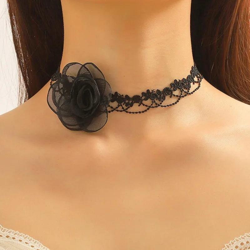 Goth Black Lace Flower To The Neck Chains Lace Choker Necklace For Women Fashion Neck Jewelry Party Gift Necklace With A Flower