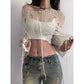 Deeptown Y2K Women's Knit Tshirt Hollow Out Knitwear Cropped Sweater Spring Short Networks Jumper Vintage Gyaru Korean Fashion