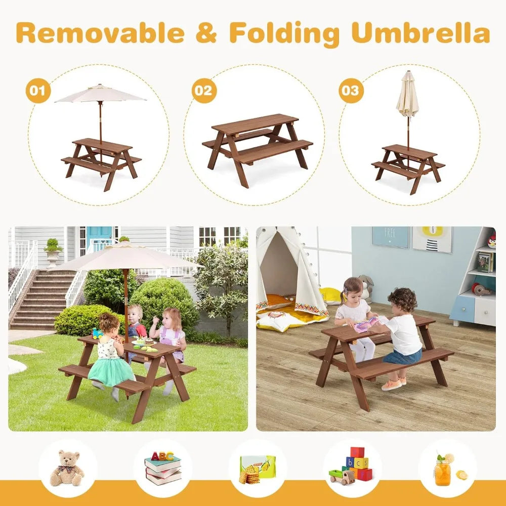 Picnic Table, Outdoor Wooden Table & Bench Set Removable Umbrella, Children Backyard Furniture for Patio Garden