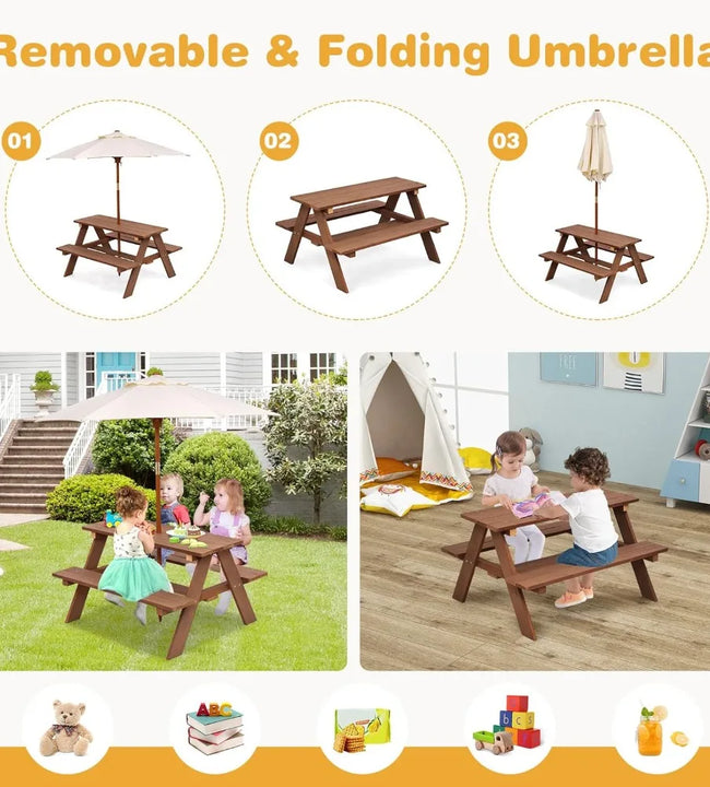 Picnic Table, Outdoor Wooden Table & Bench Set Removable Umbrella, Children Backyard Furniture for Patio Garden