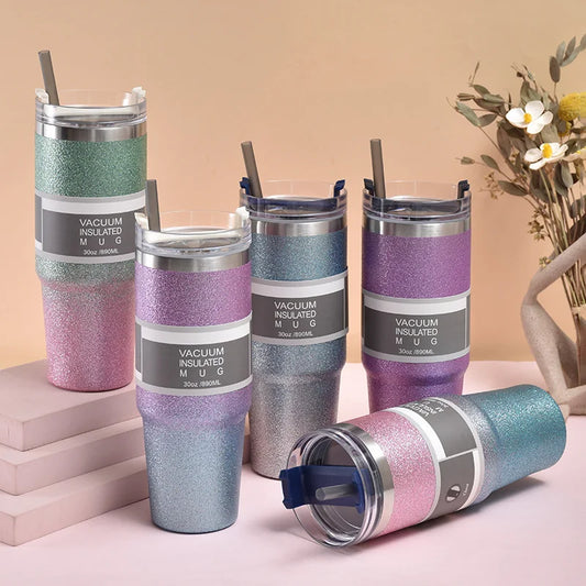 Straw Insulation Bottle Gradient Color Thermal Straw Water Bottles Sweat Free Straw Vacuum Insulated Mug Holiday Party Gifts