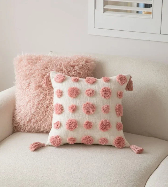 New Tassel Throw Pillow, Living Room Sofa, Modern Pink Wave Dot Pillow, Square Pillow Cover