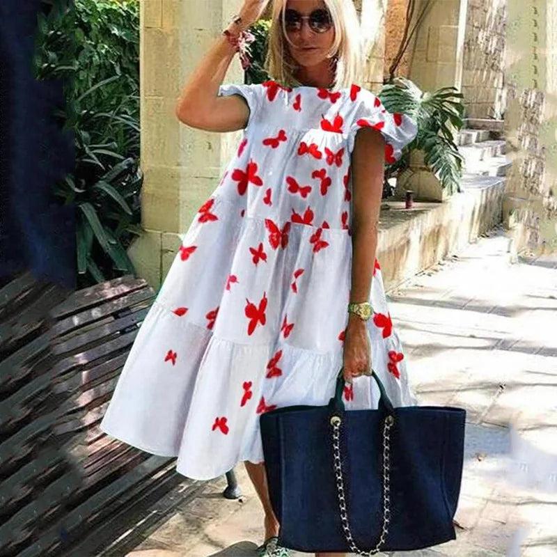 Plus-size Dress Round Neck Pink Maple Leaf Butterfly Print Loose Casual Beach Dress Women's Elegant Dresses Midi Dresses Fashion