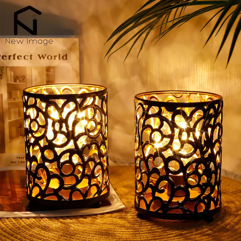 Set of 2 Hollow Battery Operated Table Lamp Cordless Lamps with 6-Hours Timer Fairy Lights for Indoor Outdoor Patio Home Decor