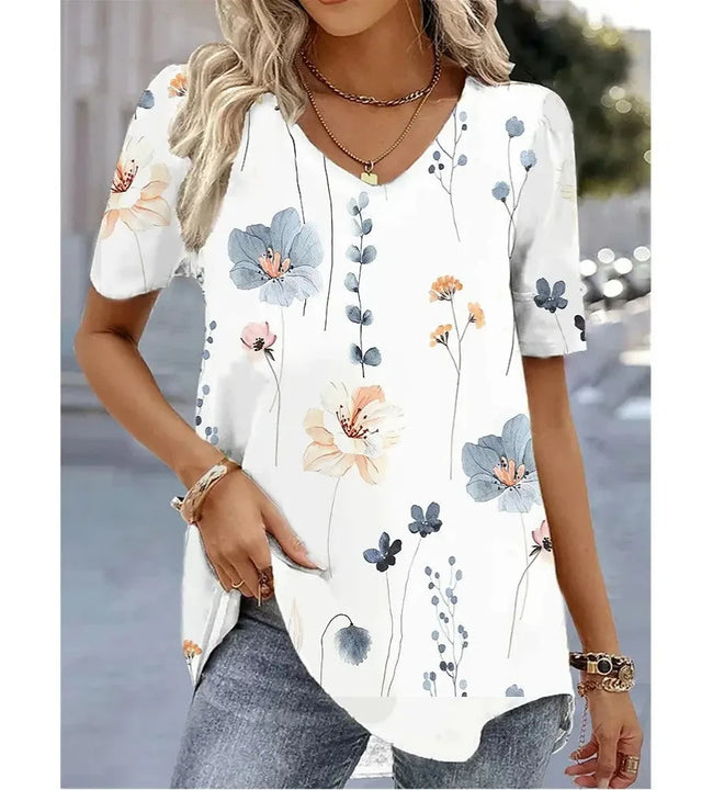 Fashion Woman Blouses 2024 T-shirt Women's 3d Flower Print White Kawaii V-neck T Shirt Female Clothing Oversized Summer Tops Tee