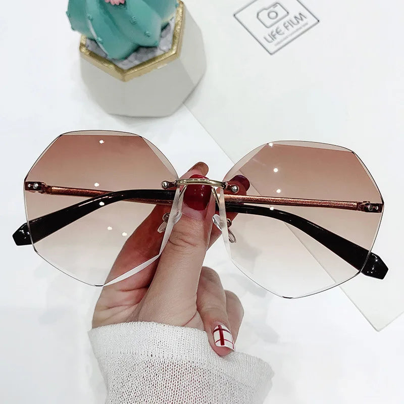 Octagonal Rimless Sunglasses Women's Retro Metallic Sun Glasses UV Protection New Fashion Cutting Lens Eyewear UV400 Sun Glasses