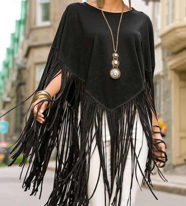 Women's Smock Top Crew Neck Fringed Solid Loose Asymmetric Hem Elegant Vintage Solid Casual Autumn Fashion Tassel Cape Top 2023