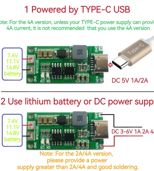 Multi-Cell 2S 3S 4S Type-C To 8.4V 12.6V 16.8V Step-Up Boost LiPo Polymer Li-Ion Charger 7.4V 11.1V 14.8V 18650 Lithium Battery