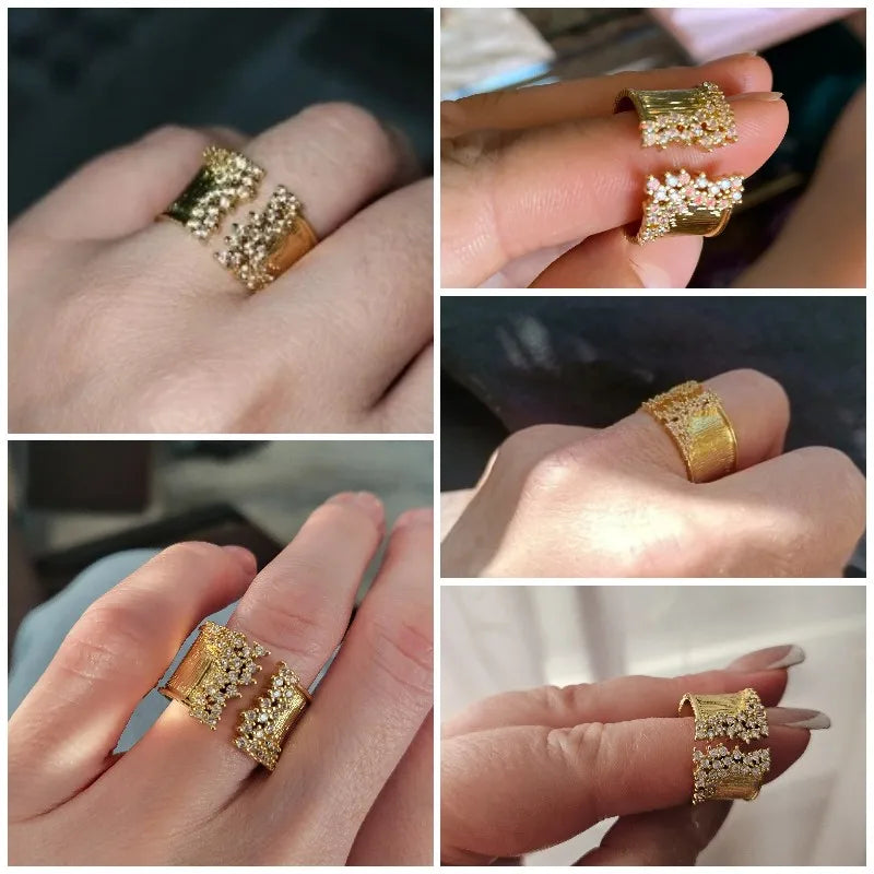 Huitan 2022 New Fashion Women's Finger Ring with CZ Stone Wiredrawing Effect Gold Color Wide Rings Luxury Female Jewelry Party