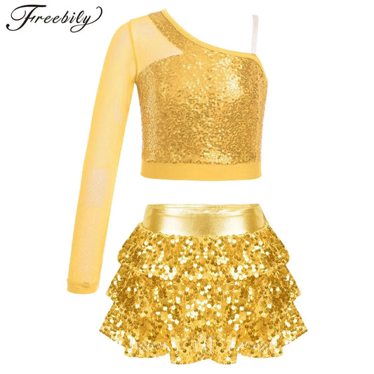 Kids Girls Hip Hop Jazz Dance Cheerleading Performance Costume Sheer Mesh One Shoulder Shiny Sequin Crop Top with Metallic Skirt