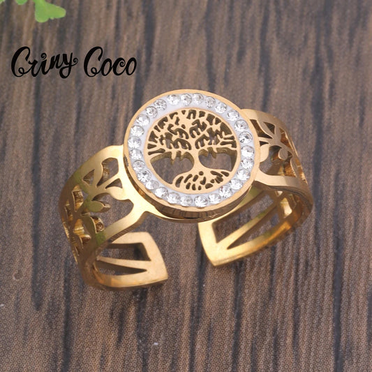 Cring Coco Stainless Steel Women's Ring Adjustable Tree of Life Jewelry Accessories Rhinestones Aesthetic Dating Rings for Women