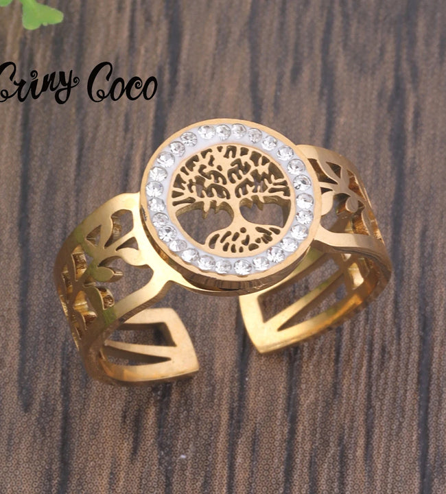 Cring Coco Stainless Steel Women's Ring Adjustable Tree of Life Jewelry Accessories Rhinestones Aesthetic Dating Rings for Women