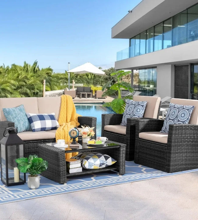 Outdoor Patio Furniture Set With Glass Coffee Table 4 Piece Comfort Rectangular  Outdoor Sofa Wicker Rattan Modular Sofa