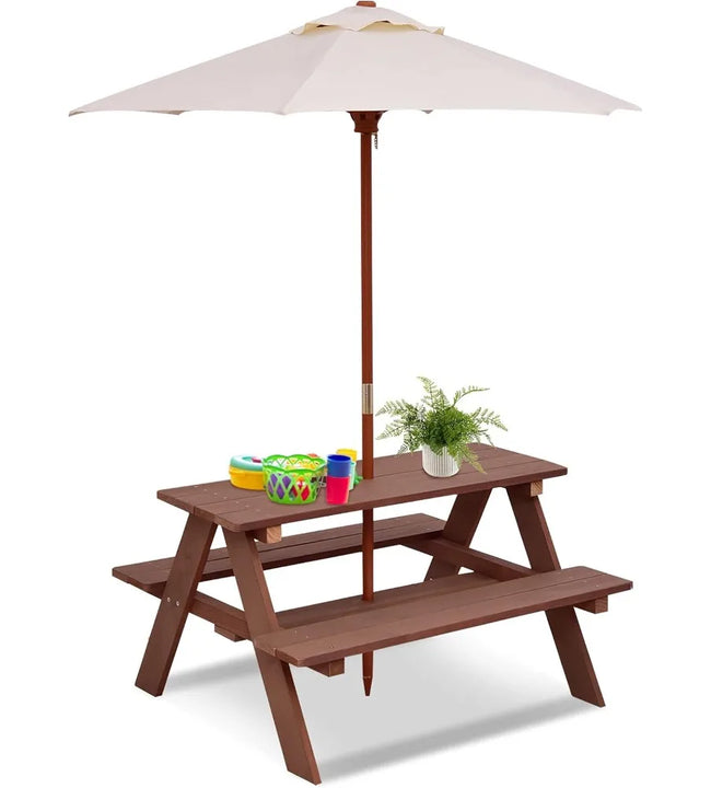 Picnic Table, Outdoor Wooden Table & Bench Set Removable Umbrella, Children Backyard Furniture for Patio Garden