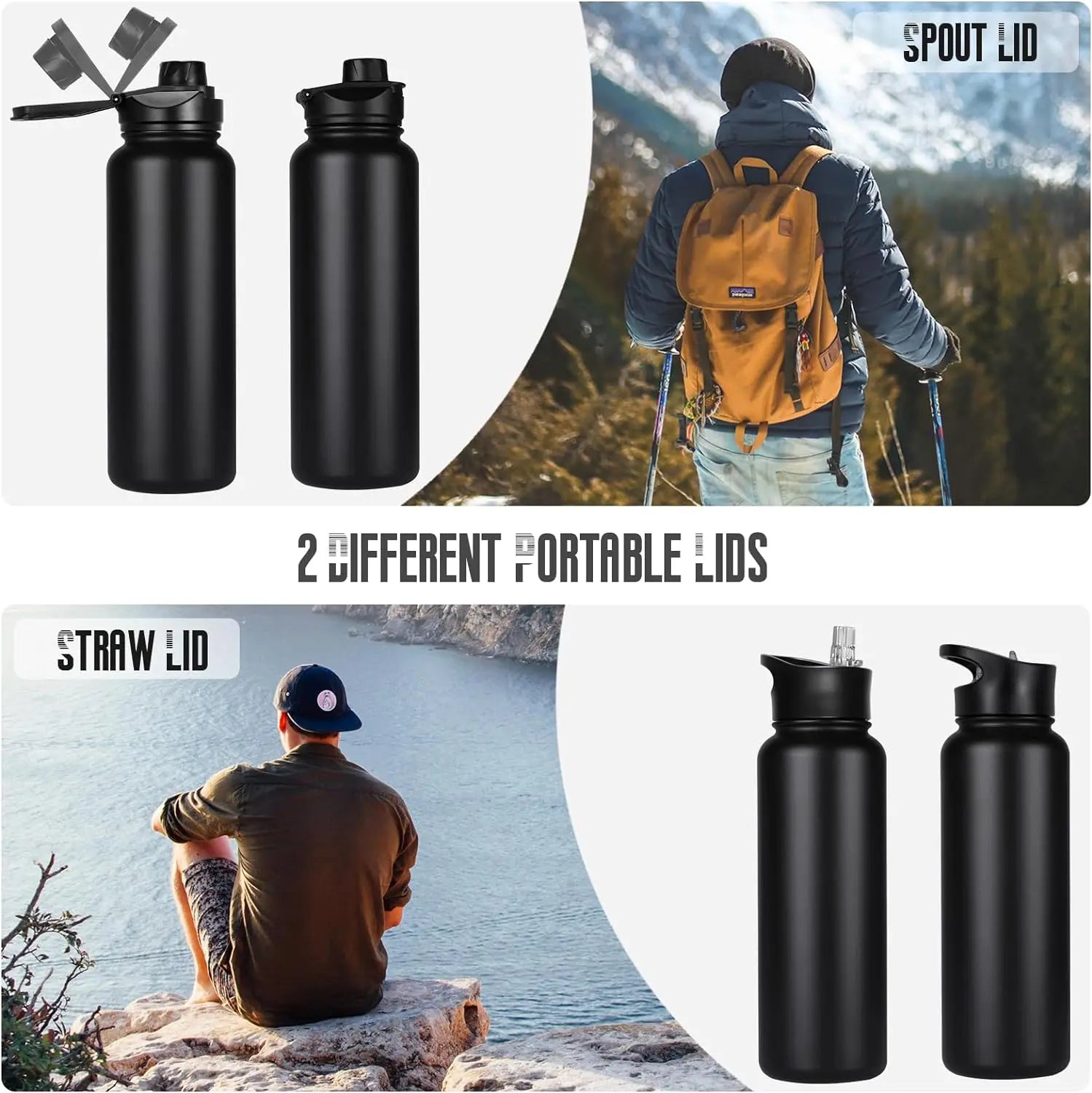 40 oz Insulated Water Bottle with Straw, Stainless Steel Sports Water Bottles , Double Wall Vacuum, Leakproof, BPA-Free, Black