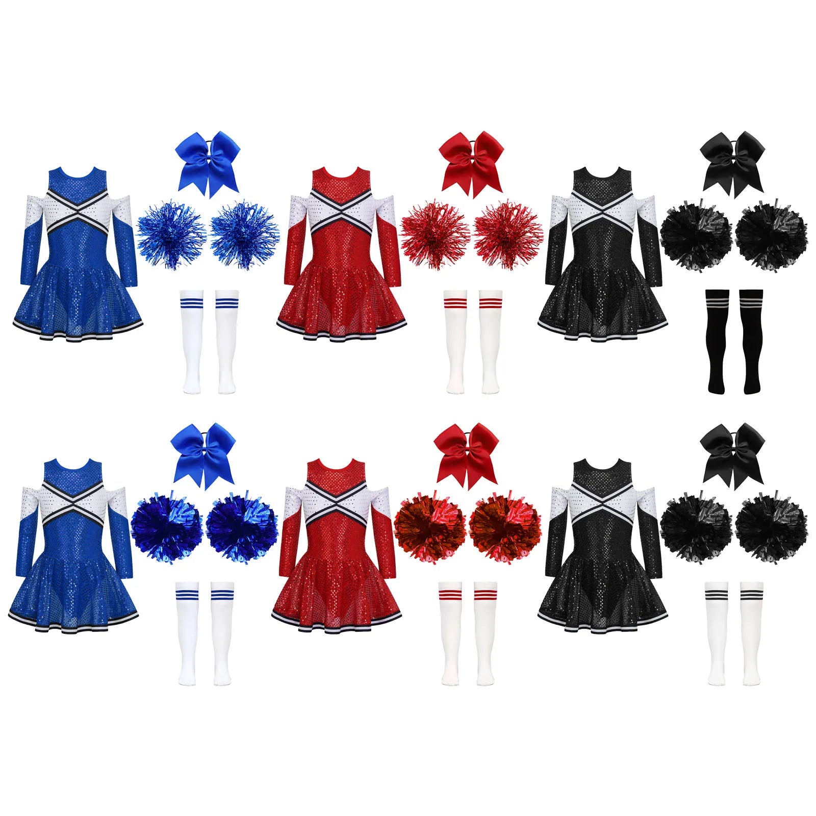 Cheer leader Costume Schoolgirl Dance Outfit for Kids Girls Sequin Cheerleading Uniform Dress with Pompom Socks Performance Suit