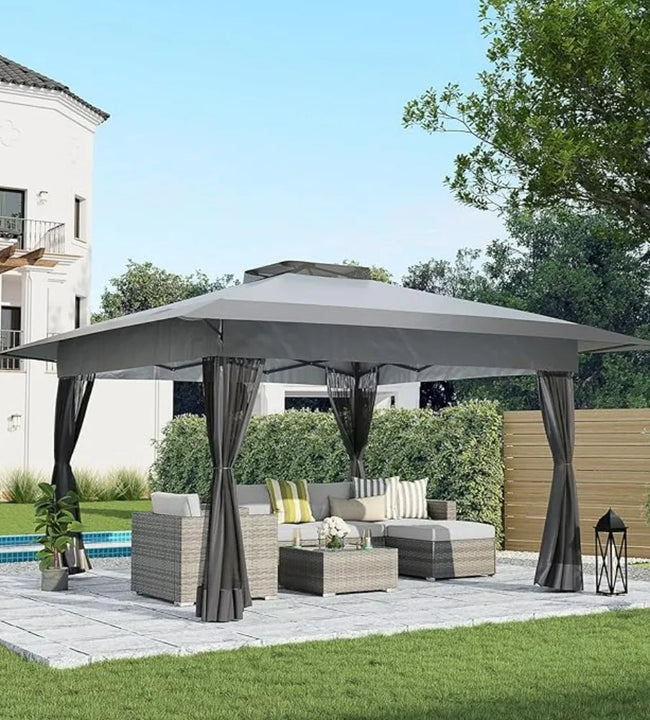 13x13 Ft Pop Up Gazebo, Outdoor Canopy Tent Shade with Metal Frame Mosquito Netting for Patio, Garden, Lawn, Backyard, Gray