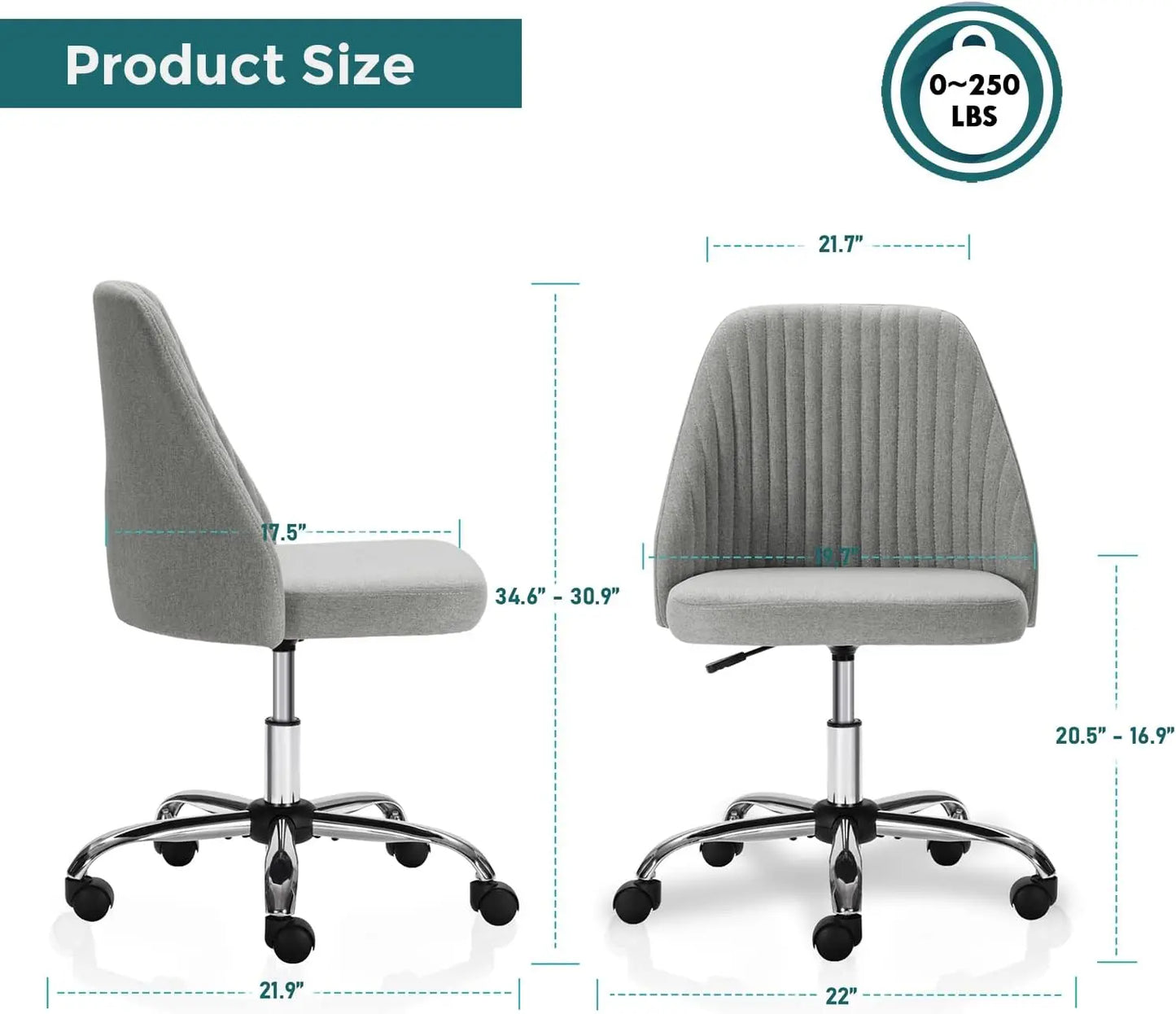 Home Office Desk Chair, Office Chairs Desk Chair Rolling Task Chair Computer Chair Adjustable with Wheels Armless