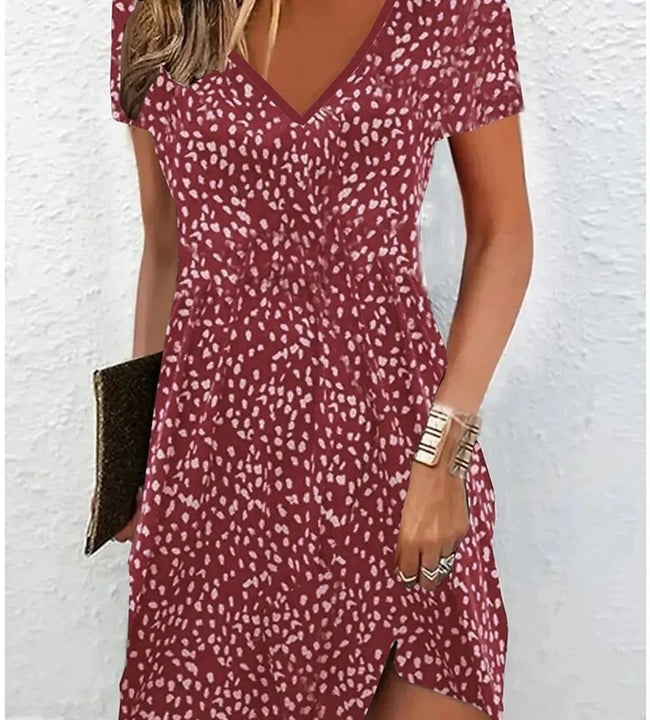 Women's Fashion Short Sleeve Casual Dress Summer Pullover Floral Print V Neck Midi Dress Loose Plus Size Female Clothes Sundress