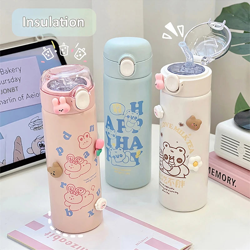 Cute Cartoon Stainless Steel Straw Insulated Cup Thermal Water Bottles For Girls Portable School Kids Milk Coffee Sippy Cups