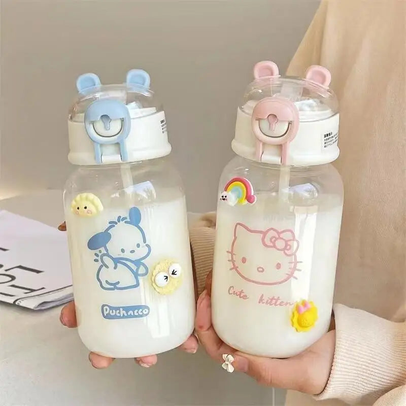 600ML Sanrio Hello Kitty Pochacco Transparent Straw Cup Anime Cartoon Kuromi Cinnamoroll For Kid Kawaii Bottle Water Cup Gifts