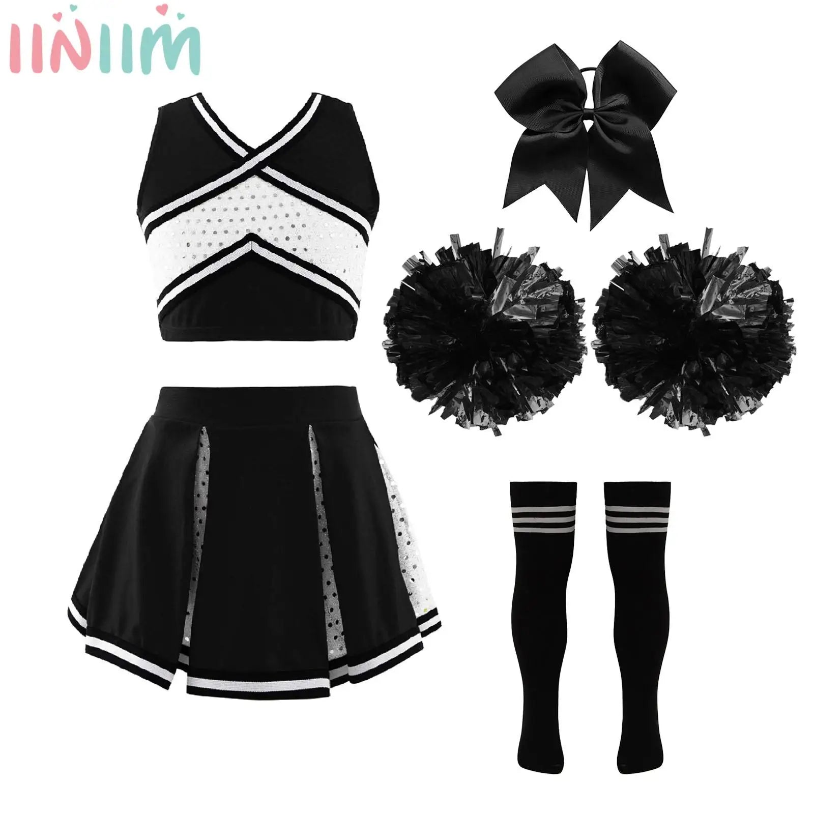 Kids Girls Cheerleader Costume Outfit Set Halloween Cosplay Party Cheerleading Team Sports Dance Stage Performance Fancy Dress