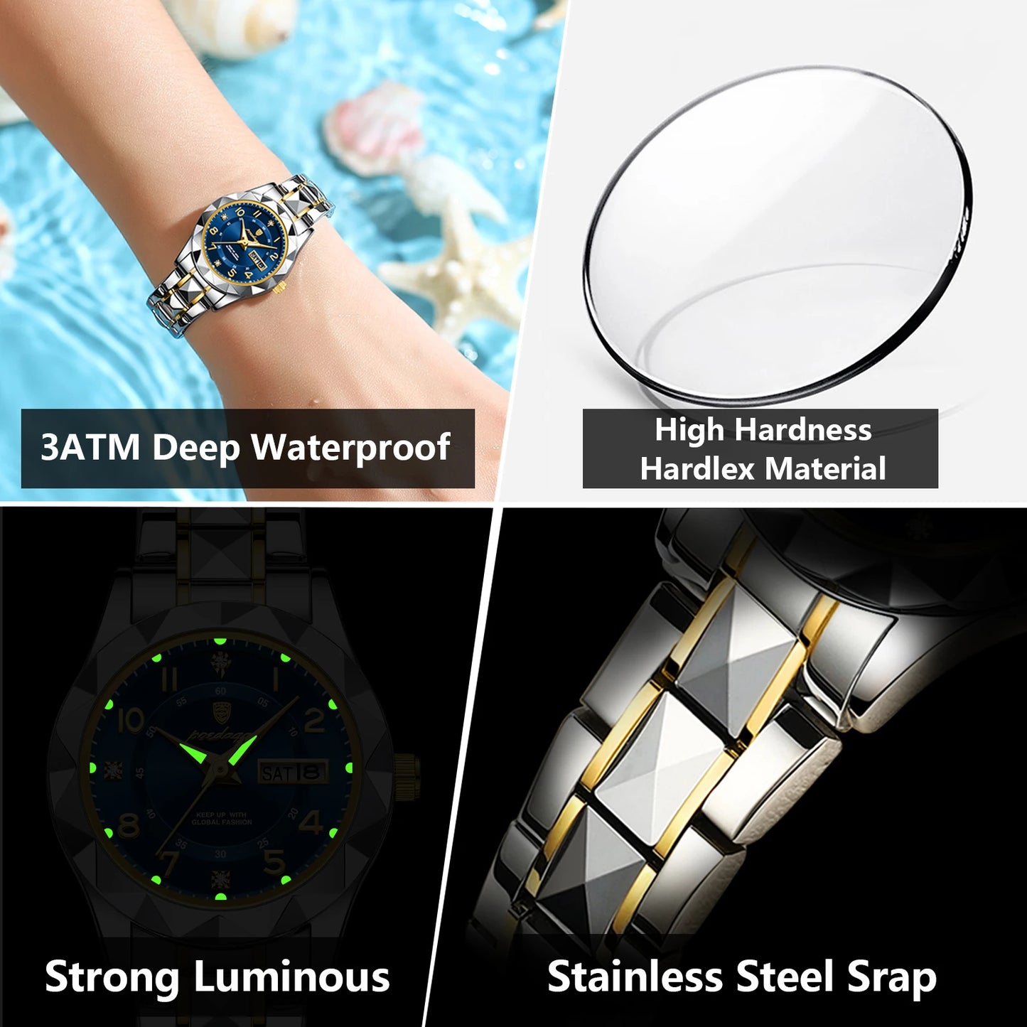 POEDAGAR Luxury Women's Watches Waterproof Luminous Date Week Ladies Watch for Female Quartz Stainless Steel Dress Women Watch