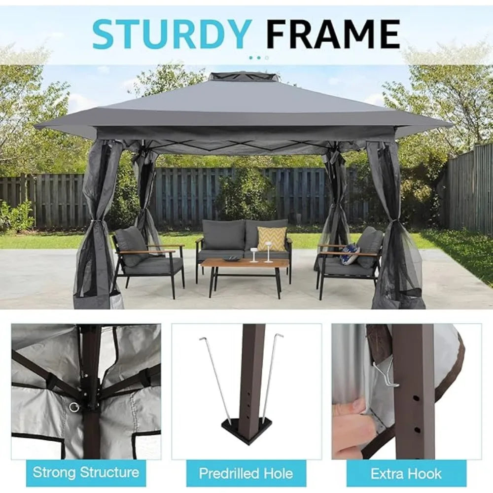 13x13 Ft Pop Up Gazebo, Outdoor Canopy Tent Shade with Metal Frame Mosquito Netting for Patio, Garden, Lawn, Backyard, Gray