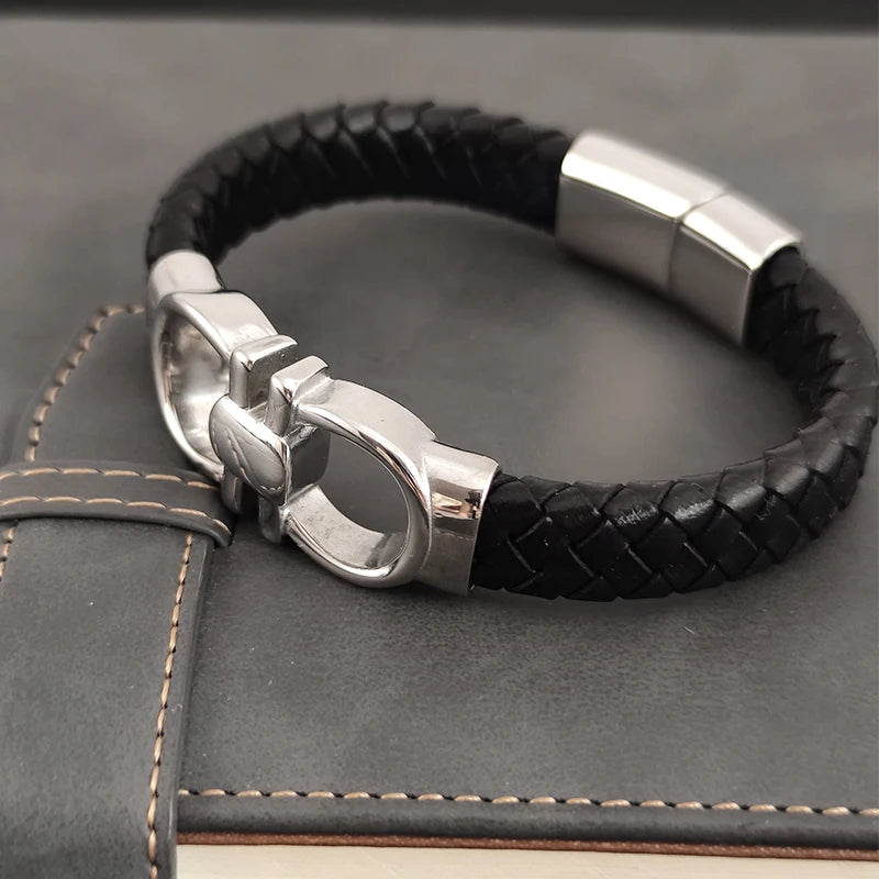 Luxury Stainless Steel Infinite Symbol Bracelet Fashion Men's Jewelry Classic Braided Leather Bracelet Homme New Year Men Gift