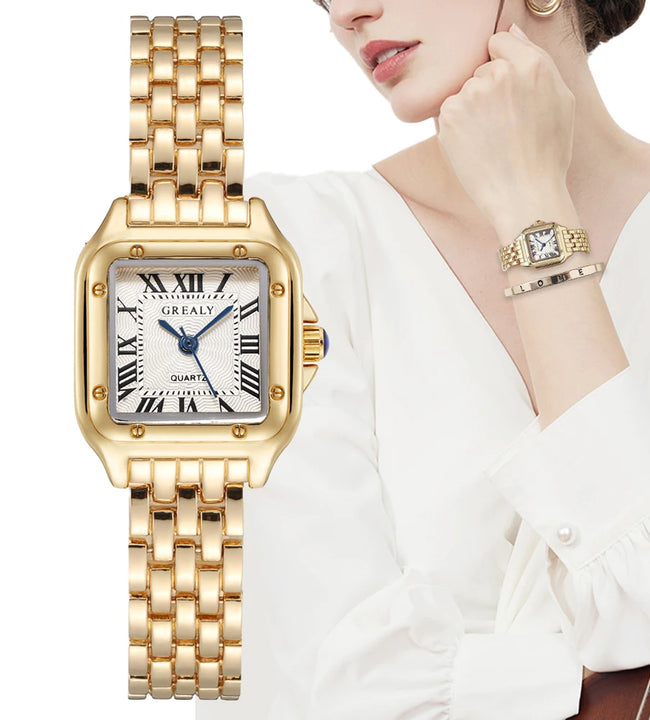 Women's Fashion Square Watches Gold Alloy Strap 2024 Luxury Ladies Quartz Wristwatches Qualities Female Roman Scale Clock