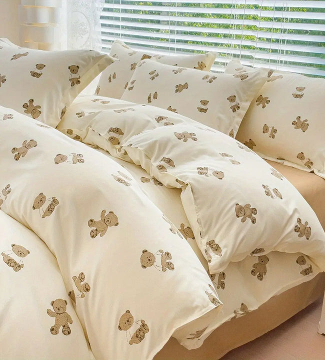 Cute Bear Bedding Set No Filler Ins Korean Style Duvet Cover Pillowcase 2024 New Single Full Size Kids Adult Soft Bed Linen