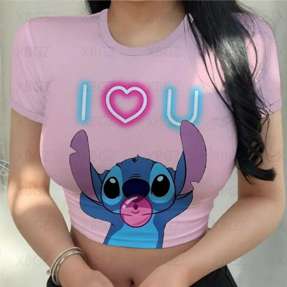 Sexy Kawaii Print Female Clothing Cartoon Y2k Party Stitch Summer Crop Top Slim Fit T Shirt Tight Women's T-shirt Fashion Disney