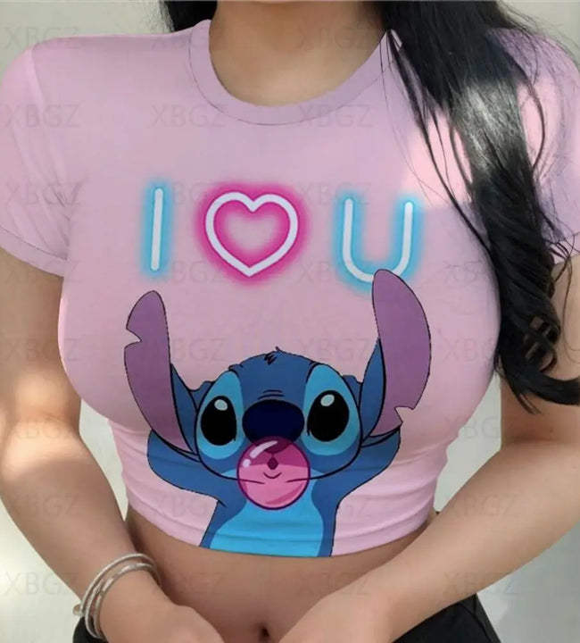 Sexy Kawaii Print Female Clothing Cartoon Y2k Party Stitch Summer Crop Top Slim Fit T Shirt Tight Women's T-shirt Fashion Disney