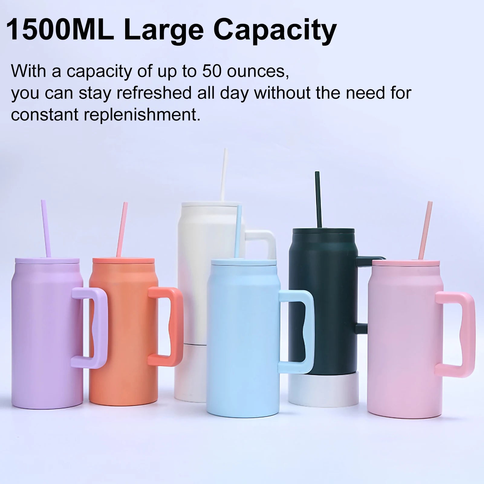 50Oz Stainless Steel Thermos Cup Portable Vacuum Insulated Water Cup Large Capacity Thermos Bottle with Straw for Fitness Office