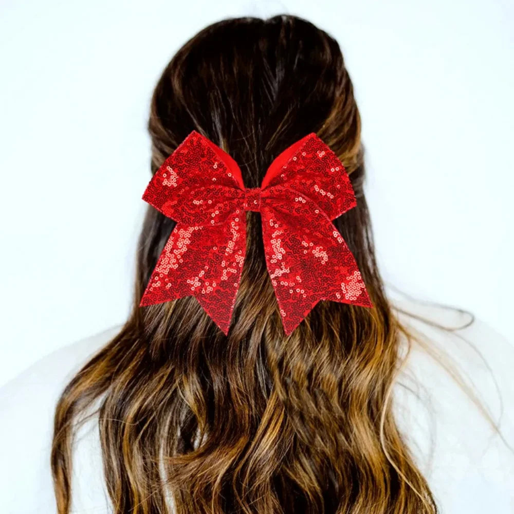 18*19cm Girl Hairband Girls Ribbon Cheerleading Hair Bows with Sequin Beads Kids Bowknot Ponytail Holder Women Elastic Hair Tie