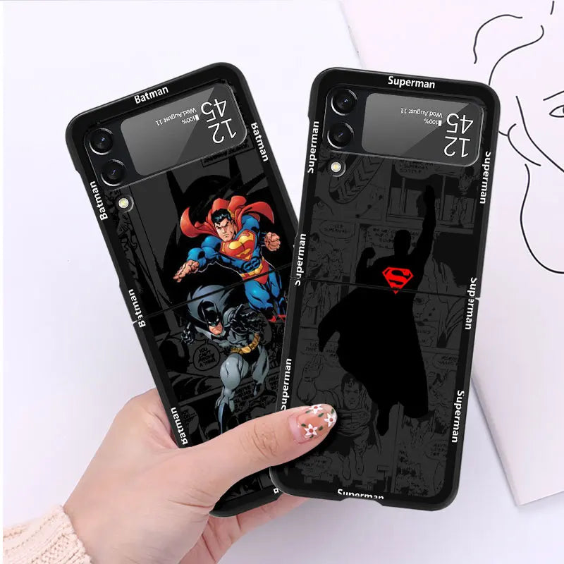 Superman Batman Anime Case For Samsung Galaxy Z Flip 5 4 3 5G Hard Luxury Cell Phone Cover ZFlip5 ZFlip4 Clear PC Capa