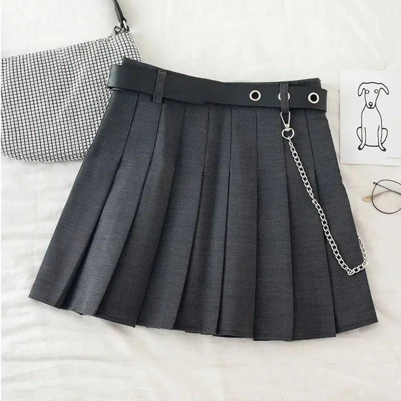 Punk Mini Skirt with Chain Belt Rock Girl Cheerleading Belted Pleated Skirt Alt Women Egirl Y2K Outfit