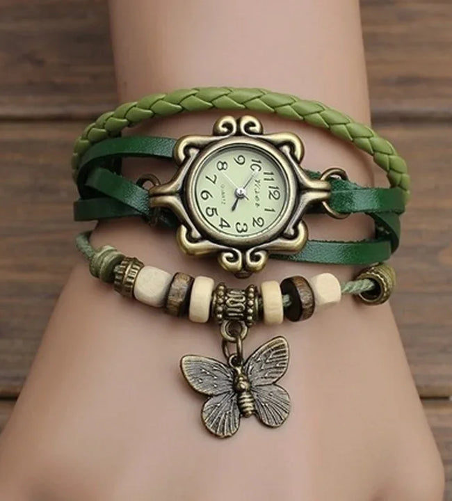 Women's Casual Vintage Multilayer Butterfly Faux Leather Bracelet Wrist Watch Ladies Female Clock Fashion Bracelet Watch