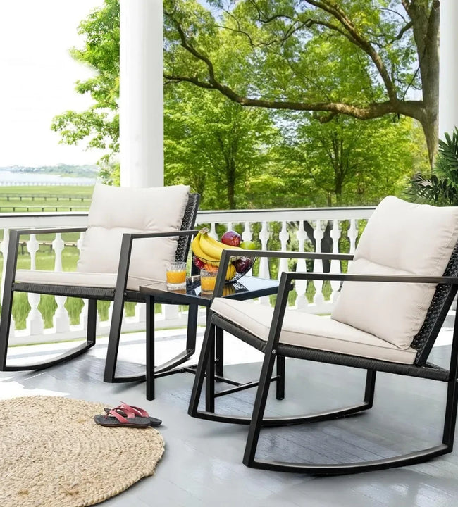 Patio Chairs 3 Piece Outdoor Bistro Sets Coffee Table and Cushions Frame Patio Furniture for Porch,White Garden Furniture Sets