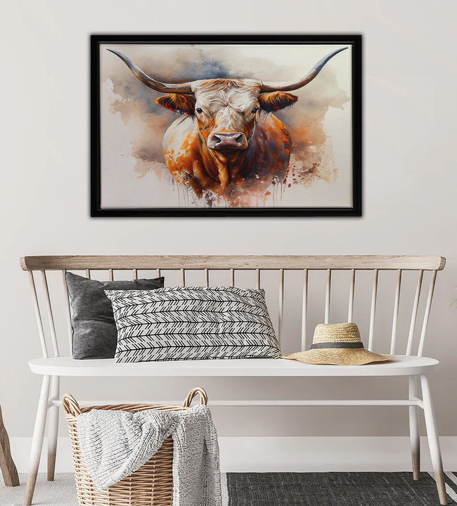 Watercolor Longhorn Framed Canvas