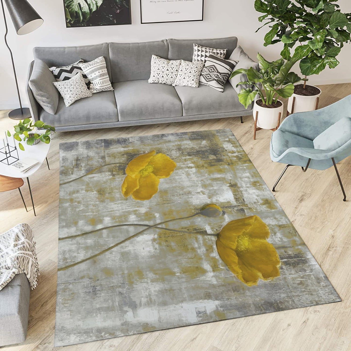 Abstract Yellow Flowers Low Pile Area Rug