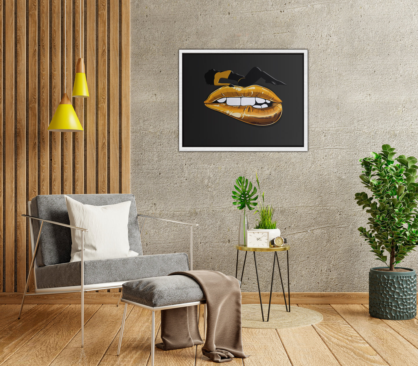 Golden Lips Framed Canvas
