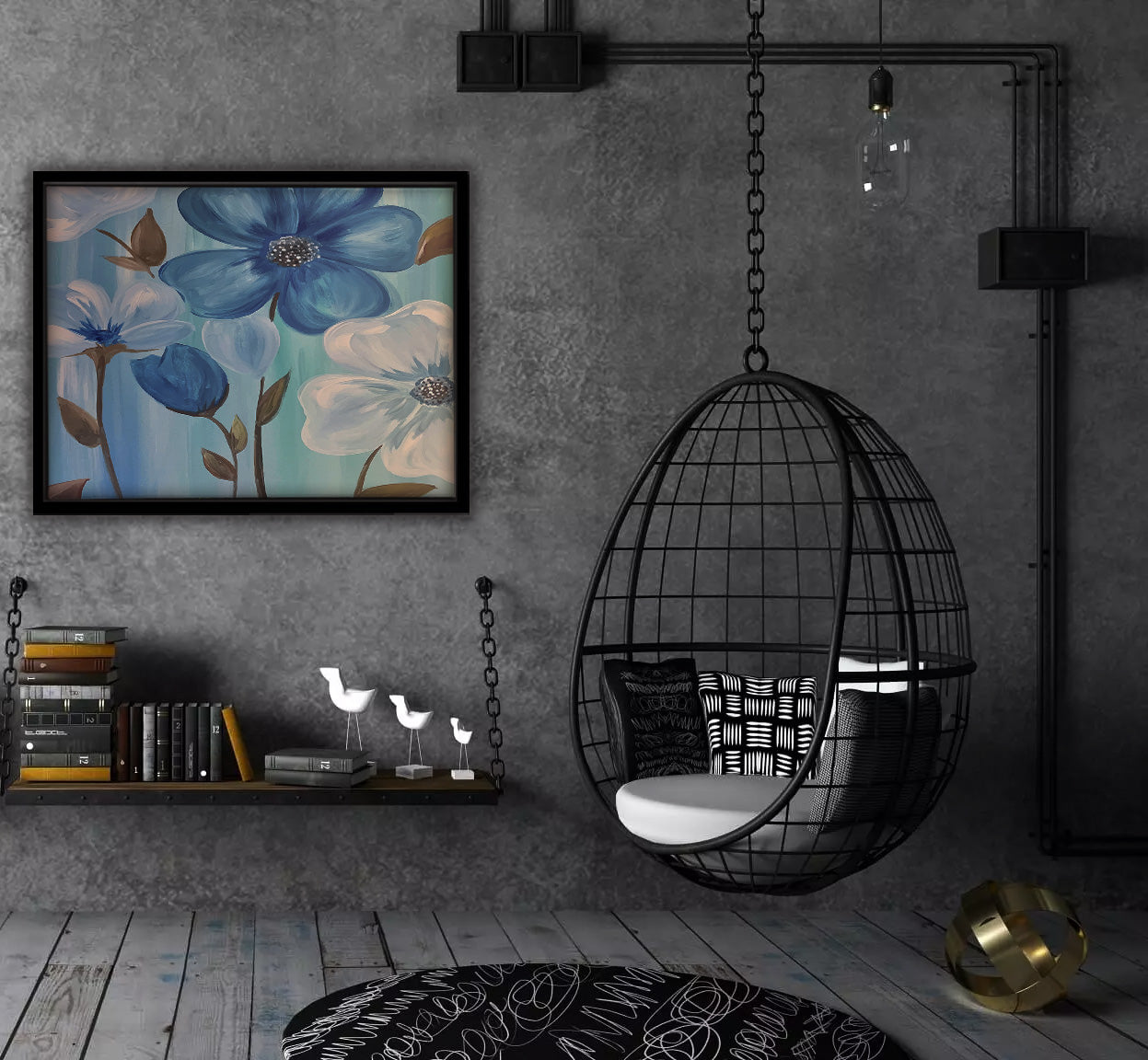 Blue Flowers Framed Canvas