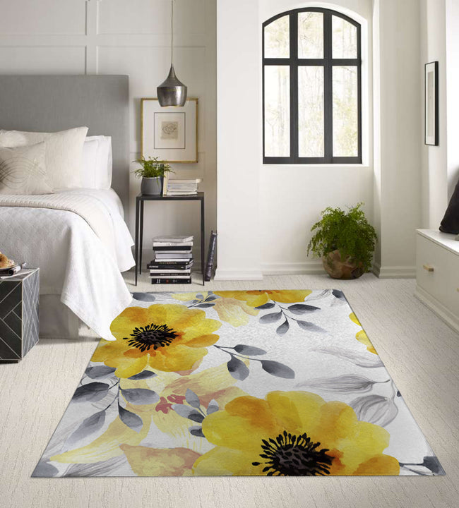 Watercolor Yellow Flowers Low Pile Area Rug